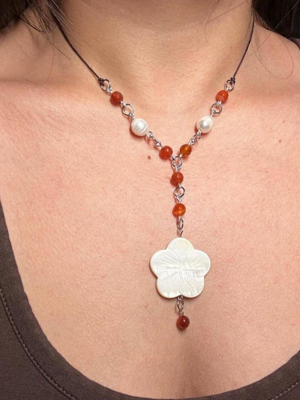 Handcrafted White Mother-of-Pearl Flower & Carnelian Bead Necklace